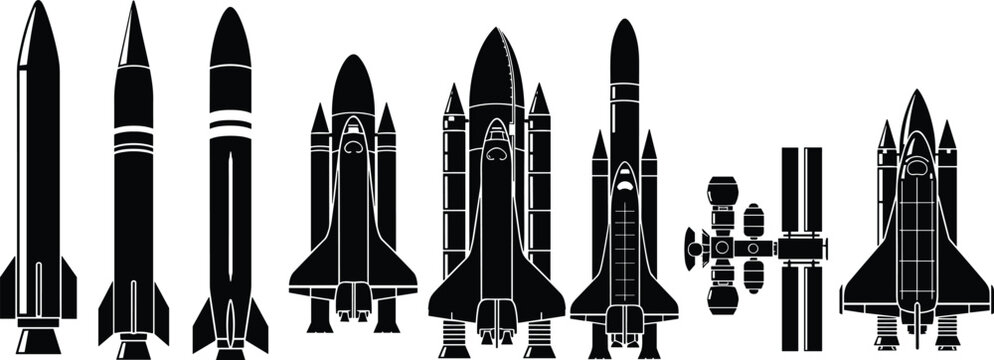 Space exploration silhouettes, rockets illustration, space shuttle design, futuristic spacecraft vector, orbital station artwork, astronaut technology icon, cosmic travel symbol
