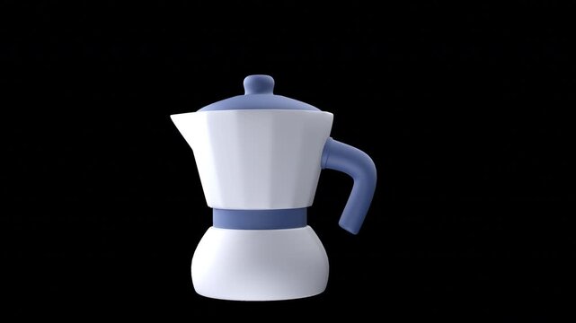 Light blue and white moka pot on black surface. Ideal for coffee shops, kitchen blogs, or foodthemed designs needing a stylish image.