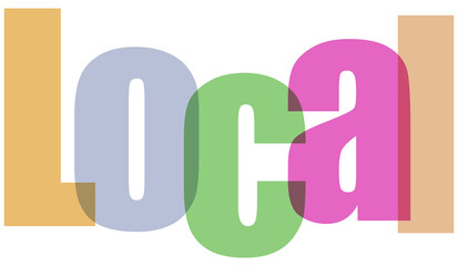 Colorful typography with the word local in bold colorful letters on transparent background