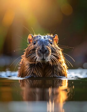 Wet rodent emerges from water, lit by golden sunlight