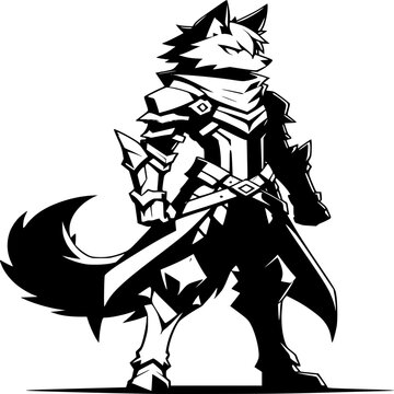 Wolf Warrior Illustration: Bold illustration of a wolf warrior adorned in ornate armor, exuding a sense of power and protection in monochrome scheme.