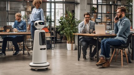 Smart AI robot works in office while slow workers chat on phones.