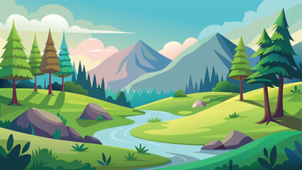 Obraz premium Serene mountain landscape with tranquil river flowing through lush greenery