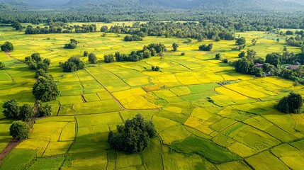 Green and yellow rice field seen from above offers natural texture for a wide background.