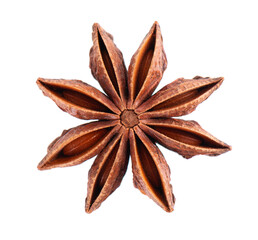 Star anise isolated on white background. Anise stars or badian spice. Clipping path. Top view.