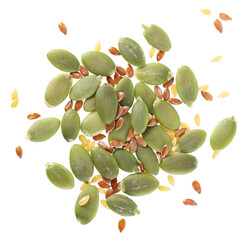 Pumpkin seeds with flax seed mix isolated on white background. Clipping path. Top view.