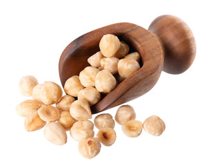 Hazelnut isolated on white background. Peeled hazelnuts in wooden spoon. Clipping path.
