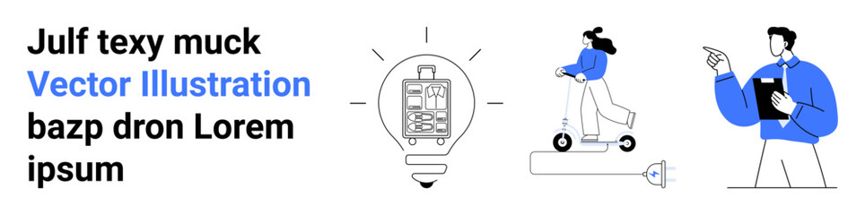 Innovation, green transportation, business communication, creativity, workplace interaction, energy solutions. Light bulb, woman on an electric scooter man pointing at data. Innovation and green © robu_s