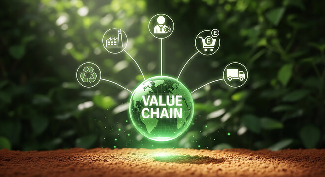 Business concept of value chain with icons in a natural environment