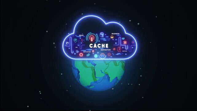 Neon cloud with CACHE text and icons floating above planet Earth in starry space CACHE lettering