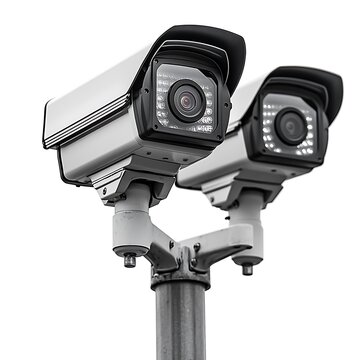 Two Surveillance Cameras Mounted on Pole on White Background (321) photo