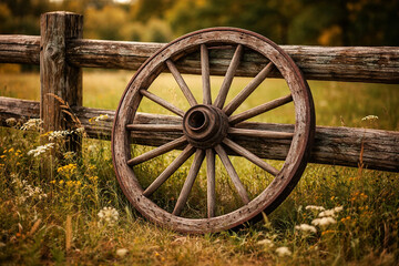 Vintage wagon wheel propped on rustic wood fence 