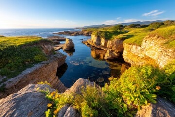 Obraz premium Pastel Coastal Landscape with Cliffs and Glowing Water at Sunset