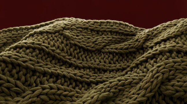 Brown chunky knitted textile surface waving slowly. Thick wool yarn creates warm cozy pattern with depth. Video for craft backgrounds and winter branding.