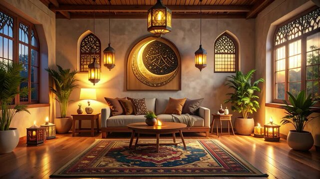 An ornate living space glows with warm light, plants, and Islamic decor