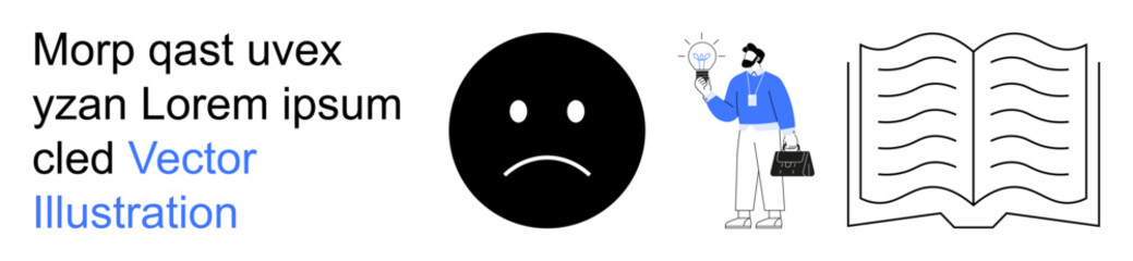 Fototapeta premium Creativity, problem solving, emotions, education, innovation, and communication. A sad face emoticon, a businessman holding a lightbulb and an open book. Creativity and problem solving concept