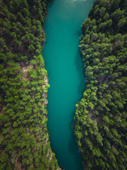Fototapeta premium Aerial drone view of turquoise river canyon landscape