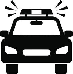 Obraz premium Police car with active emergency lights. Police cruiser with headlights, a grille, and a roof-mounted light bar with flashing effects. Law enforcement, emergency services, or security themes. 