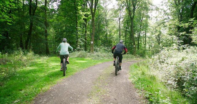 Rear View of Two Mountain Bikers Splitting Paths at a Forest Fork, Cyclists Choosing Different Dirt Trails in Lush Green Woodland, Decision Making and Outdoor Adventure Sports Concept