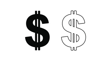 Obraz premium Black and white dollar sign vector icons set, featuring a solid filled symbol and an outline version, perfect for finance, currency, and money-related graphic design projects.