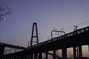 Fototapeta premium 夕暮れの高架橋を走る電車と都市インフラ風景