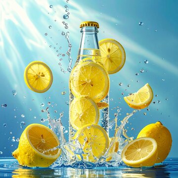 A lemon soda bottle exploding with fresh lemon slices underwater, bright bubbles, studio lighting, ultra realistic, commercial photography style