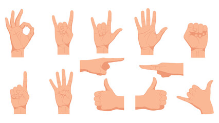 Comprehensive set of useful human hand gestures showing various signals like thumbs up, pointing, and the okay sign.