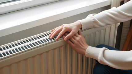 A person warming their hands on a radiator near a window