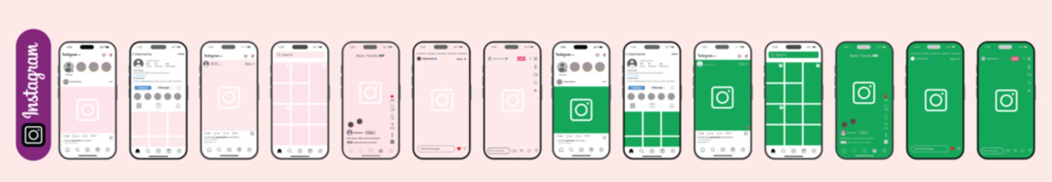 Instagram UI mockup pack iPhone 17 with Post, Reels, Story, search, live streaming mockup updated. instagram new grid size template update with Blank Screen, Green Screen. Instagram social network 