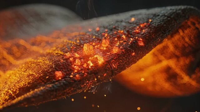 Close medium shot showcasing hightemperature coated textile used in fire containment systems resisting extreme heat and soft glowing embers.
