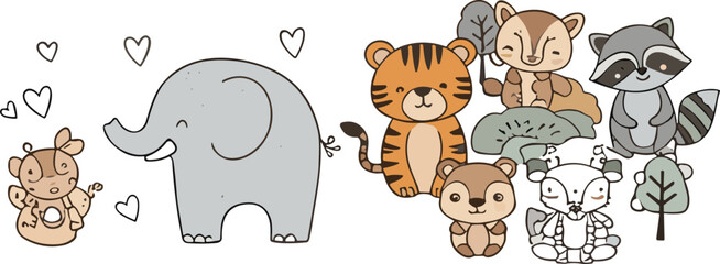Cute woodland safari animals cartoon vector set featuring elephant tiger raccoon bear deer forest characters for kids nursery design © Sumon Creative