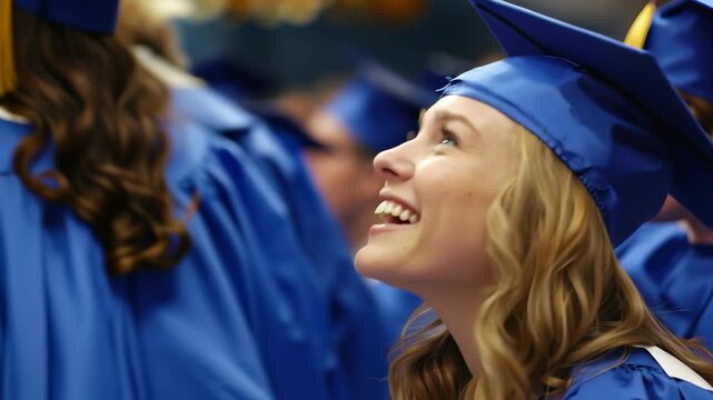 Students in blue caps and gowns celebrate their graduation during the ceremony, showcasing joy and excitement in a close-up view