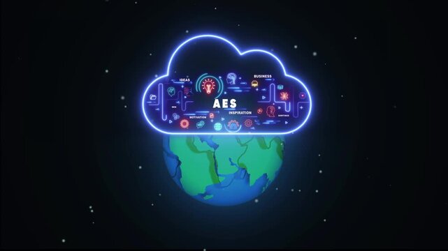 Neon cloud with AES text and icons floating above planet Earth in starry space cloud computing technology