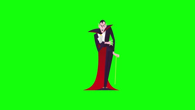 Looping 2D animation of cartoon Dracula dancing energetically on bright green chroma key background &mdash; elegant yet funky dance moves, long red cape flowing and swirling dramatically. .