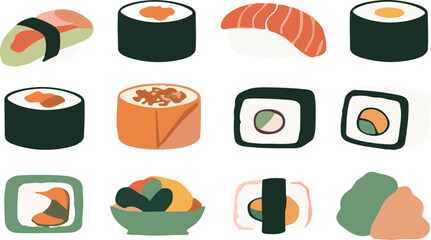 Japanese sushi food collection with nigiri, maki and salmon rolls traditional Asian cuisine flat vector illustration set © Sumon Creative