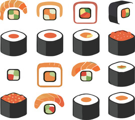 Japanese sushi roll icon set featuring nigiri maki salmon tuna seafood traditional cuisine flat vector food collection © Sumon Creative