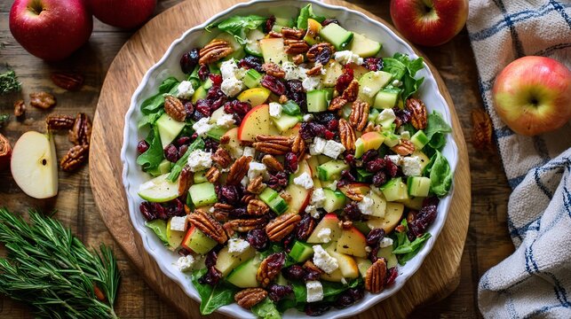 Crisp apples, tart cranberries, and crunchy pecans mix with feta cheese and fresh vegetables. A healthy meal choice.