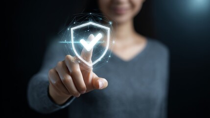 Person shows digital shield. Check mark means online safety. It assures trust and data protection.