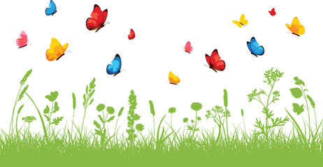 Naklejka premium Colorful butterflies flying over green grass meadow silhouette, spring nature landscape vector illustration, garden field background with insects, summer floral botanical outdoor scene.