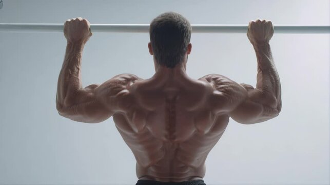 Muscular man seen from behind performs pull ups on a bar in a bright studio, showing back strength, upper body training, and disciplined fitness motivation.
