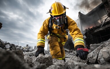 Obraz premium Firefighter Searching Through Debris After Building Collapse