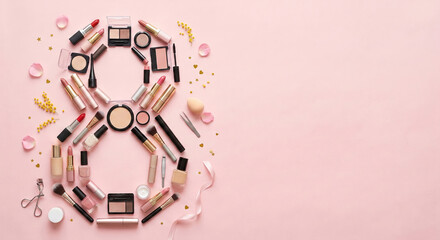 Fototapeta premium Women's cosmetics laid out in the figure eight, top view. Cosmetics without logos and without text. International Women's Day. March 8 holiday. Free space on the right. Pink background