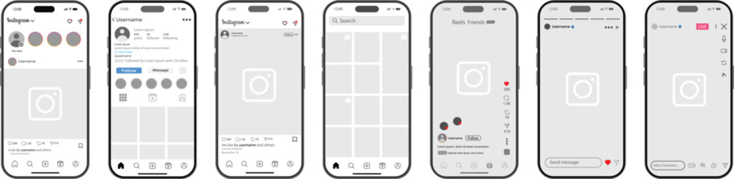 Instagram 2026 UI Set with Post, Reels, Story, search, live streaming mockup updated. instagram new grid size template update. Mobile Smartphone Display, Interactive Social Media UI, Modern Content La