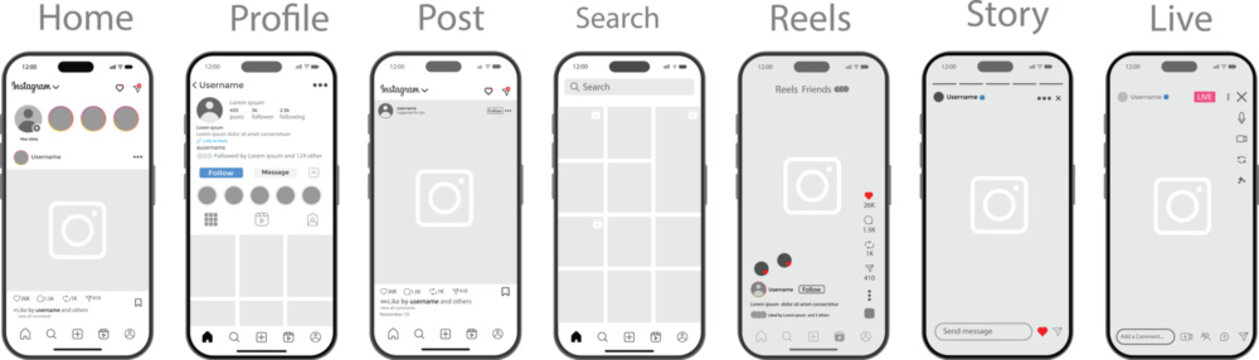 Instagram 2026 UI Set with Post, Reels, Story, search, live streaming mockup updated. instagram new grid size template update. Mobile Smartphone Display, Interactive Social Media UI, Modern Content La
