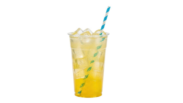 Isolated yellow drink with ice cubes in plastic cup and blue straw, refreshingly refreshing