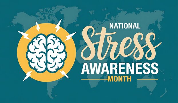 National stress awareness month horizontal banner with human brain icon and lightning bolts over world map background for mental health campaign and wellness education advertisement
