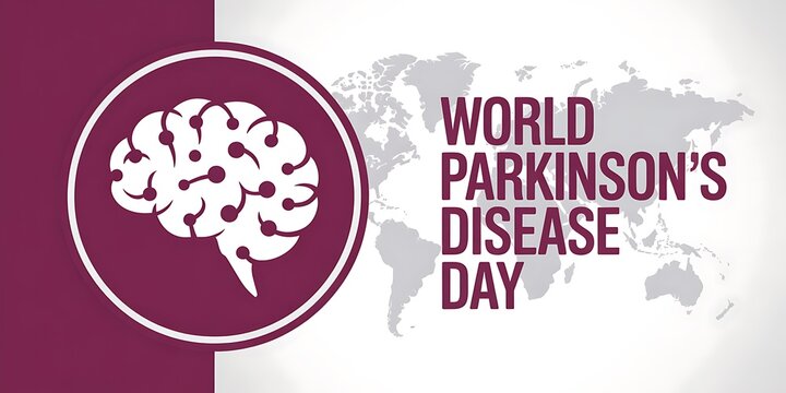 World Parkinson's disease day graphic design showing brain illustration inside purple circle over world map background for medical awareness campaign and healthcare social media post