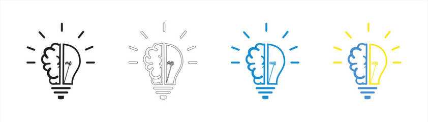 creative icon set half brain half light bulb representing ideas, creativity, knowledge, technology, and the human mind. problem-solving symbol thin line illustration eps 10