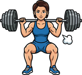 Strong Athletic Woman Performing Barbell Back Squat - Fitness and Bodybuilding Cartoon Illustration