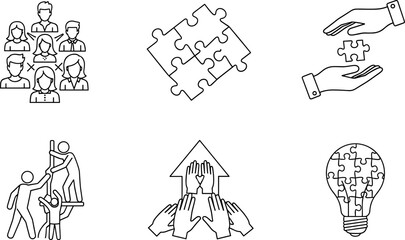 Naklejka premium Teamwork and collaboration icons showing unity, ideas, and support in business
